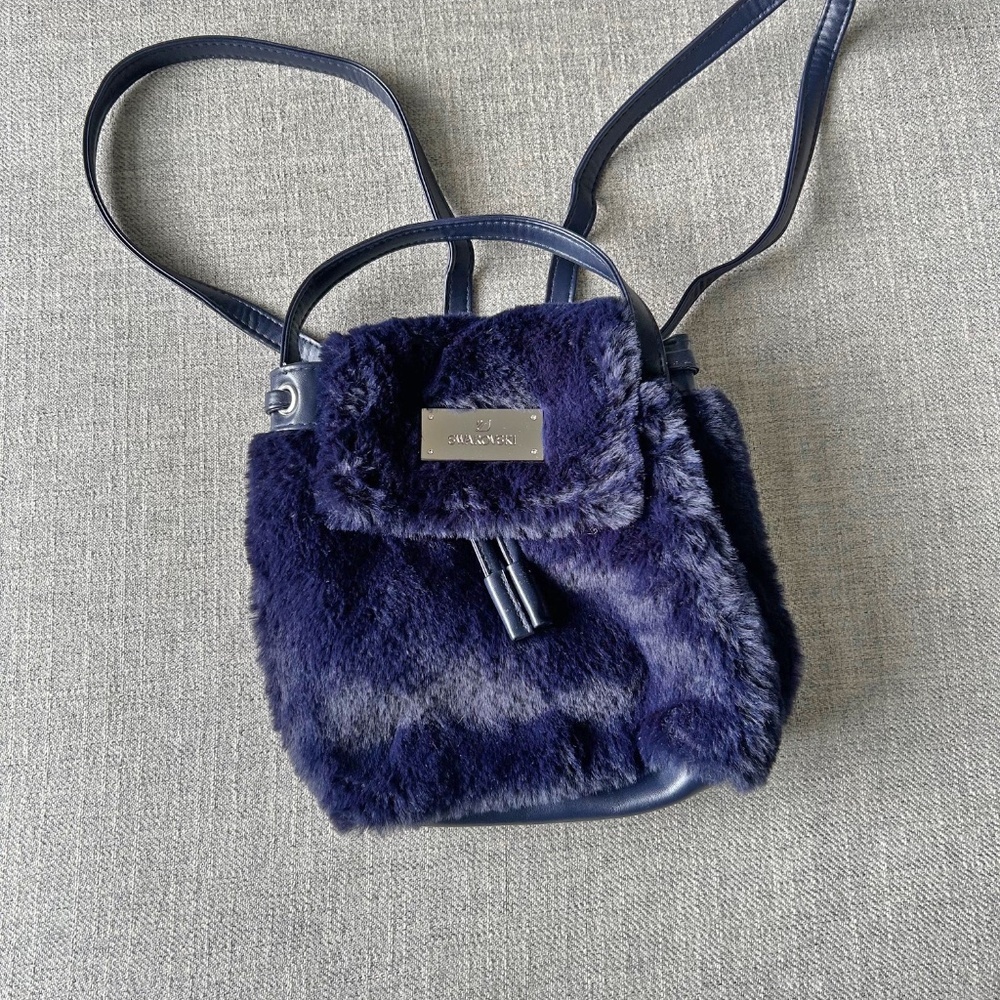 Swarovski faux fur mini backpack purse handbag, dark blue, adjustable straps